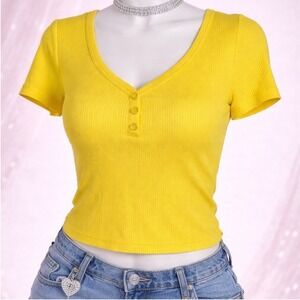 Y2K‎ Henley Crop Top Womens Small Yellow Babydoll Bella Swan Ribbed Mallcore